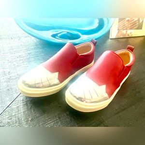 Size 2 red leather Hoo brand sneakers w silver cat ear detail (or super hero).